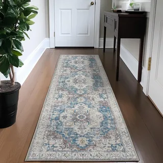 TOPICK Vintage Küchenteppich läufer Flur waschbar küchenläufer 60x213 Blau