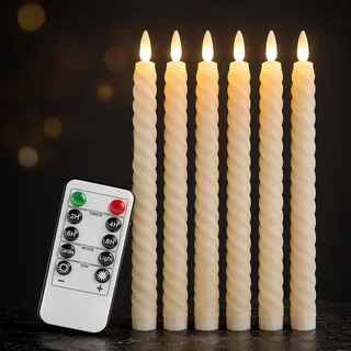 Probuk LED Kerzen mit Timerfunktion, Kerzen mit Batterie, 6er Set gedrehte Stabkerzen in Elfenbein mit Fernbedienung, dimmbar, 2/4/6/8 Std., 25,5 cm, für Hochzeit, Weihnachten und weitere Anlässe