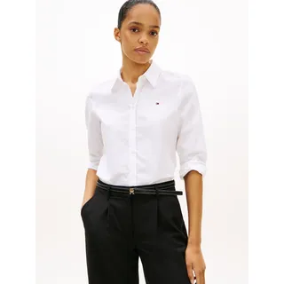 Hemdbluse TOMMY HILFIGER "STRETCH REGULAR LS SHIRT", Damen, Gr. 44, weiß (th optic weiß), Web, Obermaterial: 97% Baumwolle, 3% Elasthan, unifarben, regular fit normal, 1-Knopf-Manschette mit Schlitz, Blusen Hemdbluse, mit gesticktem Tommy Hilfiger Logo, Regular Fit