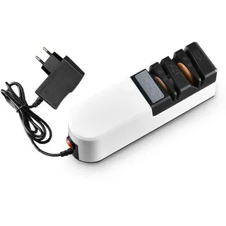 Unyqoos® Elektrischer Messerschärfer – Multifunktional für Küche & Profi, 2 Schleifscheiben (Grob/Fein), Winkelführung & Anti-Rutsch-Basis - Weiß