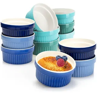 COM-FOUR® 12x Soufflé Förmchen - Creme Brulee Schälchen aus Keramik - Ofenfeste Förmchen - Dessertschale und Pastetenförmchen für Ragout Fin - je 200 ml - in Blau- und Grüntönen