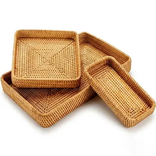 Rattan Serviertablett, Korbtablett Rechteckiges, Natürliches Gewebtes Dekoratives Tablett zum Organisieren der Tischküchentheke, 3er-Set