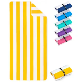 Fit-Flip Strandtuch XXL aus Mikrofaser - leicht und schnelltrocknend - 100% recyceltes Strandhandtuch - kompaktes Handtuch zum Baden - Badetuch (Zitronengelb-Weiß gestreift 200x90cm)