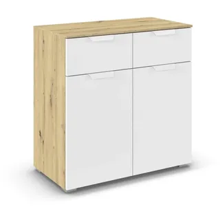 Rauch Möbel Aditio, Kommode für Schlafzimmer, Wohnzimmer, Kinderzimmer, Flur, 2-türig, 2 Schubladen, Soft-Close-Funktion, Sideboard im modernen Look, Farbe Weiß/Eiche Artisan, Holz, Breite 80 cm
