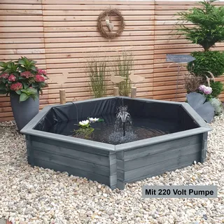 Promadino Sechseck-Hochteich Grau Ø 200 cm inkl. Pumpe 220 Volt aus Holz