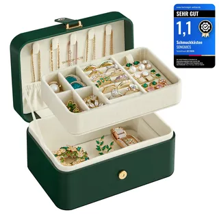 SONGMICS GISELLA Kollektion - Schmuckkästchen Reise mit 2 Ebenen, Schmuckkasten klein, Schmuckaufbewahrung, tragbar, für größere Accessoires, Geschenkidee, 11,6 x 16 x 7,5 cm, waldgrün JBC166C01