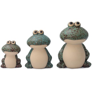 Flanacom Dekofiguren Set aus Keramik - Tierfiguren für Innen und Außen - Deko-Artikel für Wohnung & Garten - Tier Gartendeko Wohnzimmerdeko (Frosch 3er Set Grün)