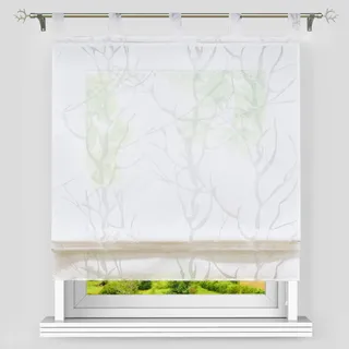 Heichkell Voile Schlaufen Raffrollo Gardine Ausbrenner Raffgardine ohne Bohren Ausbrenner Design >Baumast< Faltenrollo in Küche Rollos Vorhang mit seitlicher Schnüren Weiß HxB 140x100 cm