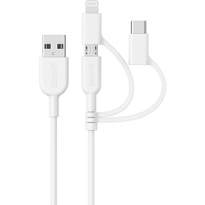 Anker Powerline II 3-in-1 Kabel, 0.9m langes Lightning/USB-C/Mikro-USB Kabel, für iPhone, iPad, LG, Galaxy, Xperia, Android Handys und viele mehr(Weiß)