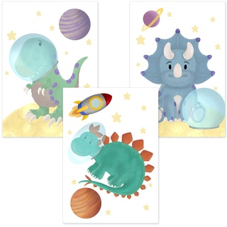 ALLEOVS® Poster "Dinosaurier - Astronauten" | 3er Set – Kinderzimmer Babyzimmer Kinderposter Deko-Poster zur Dekoration mit Dino Motiven, Jungen & Mädchen, Kunstdruck A4 (AL3)