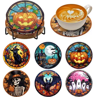 BNG Halloween Diamond Painting Untersetzer Mit Halter, 6 Stück DIY Bastel Untersetzer für Erwachsene, Kunstmalerei Sets für Frauen, Anfänger, Diamant Bastelzubehör