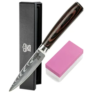 ZEUß Damastmesser Schälmesser S (20cm) TÜV geprüfter 62 HRC Damaststahl aus 67 Lagen I Obstmesser Officemesser Damast Küchenmesser mit Schleifstein Holzgriff Geschenkbox & Klingenschutz