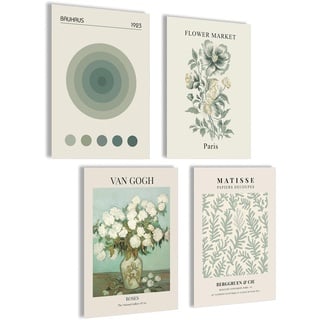 mojoliving Moderne Bilder Blumen Poster Set | Bilder Grün | Bilder Schlafzimmer | Matisse Poster Set | Flower Market Poster Wanddeko grün | 4x A4 ohne Rahmen