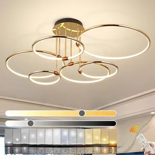 YYUTLUO LED Deckenleuchte, Ø105cm Goldener Metallkreis Kronleuchter 145W Stufenlos Dimmbar 3000–6000K Moderner Runder Galvanisierter Anhänger Schlafzimmer Wohnzimmer Kinder Büro Arbeitszimmer(6 Ringe)