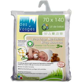 Nuit des Vosges 230142 Matratzenschoner, Molton, Bio für Babybett Baumwolle weiß 70 x 140 cm