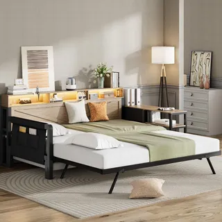 STILVORA Schlafsofa 90x200 cm mit Matratze Jugendliche mit Ausziehbett und 3 Schubladen Stauraum, Metallbett mit LED Beleuchtung und USB Anschluss, Tagesbett mit Staufächern multifunktional schwarz - Schwarz