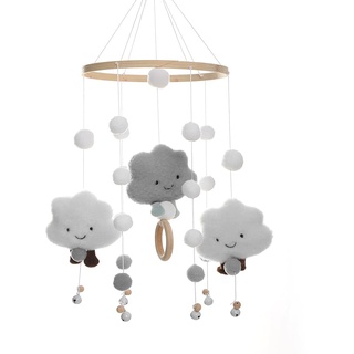 Mobile Baby Windspiele, Puppe , Holz mit Filzbällen 3D Wolken, Bettglocke Anhänger für Babybett Jungen und Mädchen (Grau)