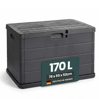 Kreher XL Kissenbox Gartenbox Holz-Optik Anthrazit abwaschbar (170 L) | Geräumige Auflagenbox aus robustem, wetterfestem Kunststoff, einfacher Aufbau, ideal für Kissen, Auflagen und Gartenzubehör