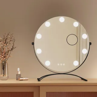 EMKE Kosmetikspiegel Hollywood 47X40cm Rund Schminkspiegel mit LED Beleuchtung und Vergrößerung 7x, 3 Lichtfarben Dimmbar, Schwarz - Schwarz