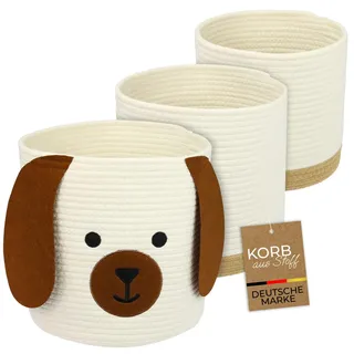 HMF Aufbewahrungskorb mit versteckten Griffen, 3er Set, Korb für Kinderzimmer aus Baumwolle | Hund | Groß, Mittel, Klein