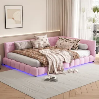 Merax Polsterbett 140x200cm mit LED und USB-Anschluss, Tagesbett mit Lattenrost, Schlafsofa aus Teddy-Plüsch, Funktionsbett Doppelbett Kinderbett Rosa - Rosa
