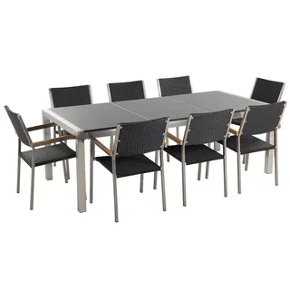Beliani Gartenmöbel-Set 8-Sitzer Granit grau poliert Rattan Grosseto - Schwarz, Grau, Silberfarben , Metall , Gartenmöbel, Gartengarnituren, Gartenmöbel-Sets
