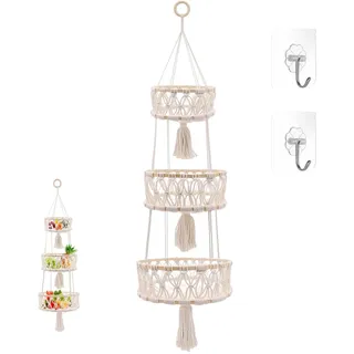 MDPUTY 3 Stöckig Obstkorb Etagere Hängend, Hängekorb Obst Weiß Baumwollseil Hängender Obstkorb Küche Makramee Hängekorb Obst für Wohnzimmer Badezimmer Schlafzimmer (110cm)