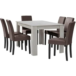 [en.casa] Esstisch Eiche weiß mit 6 Stühlen braun Kunstleder gepolstert 140x90 Essgruppe Esszimmer - Braun