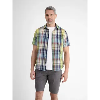 Kurzarmhemd LERROS "Sommerliches Karohemd mit Leinenanteil", Herren, Gr. L, Normalgrößen, gelb (faded gelb), 71% Baumwolle, 29% Leinen, Hemden Kurzarmhemd