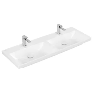 Villeroy & Boch Subway 3.0 Schrank-Doppelwaschtisch, 2 Hahnlöcher, ohne Überlauf, ungeschliffen, 1300x475mm, 4A71D1R1, Farbe: Weiß CeramicPlus