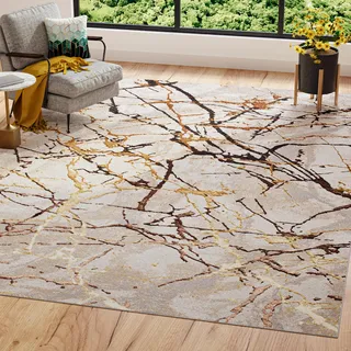TAPISO Golden Teppich Wohnzimmer Kurzflor Schlafzimmer Luxuriös Creme Gold Braun Linien Abstrakt Meliert Verwischt Modern Design ÖKOTEX 250 x 350 cm