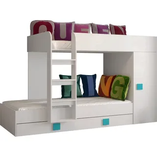 Etagenbett für Kinder Toledo 2 Stockbett mit Treppe und Bettkasten (Weiß + Weiß Glanz + türkise Griffe) - Weiß
