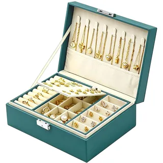 Homeanda Schmuckkästchen mit Schloss - Große Schmuckschatulle aus Leder für Damen, Schmuckbox mit 2 Ebenen (Grün)