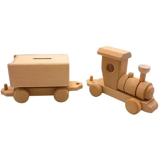 Dekorative fahrbare Holz - Spardose, Sparbüchse als Lokomotive, Zug - Spardose, Spareisenbahn, Spardose Lok, Eisenbahnspardose mit Wagon aus Buchenholz, Zum selber gestalten L/B/H 36 x 8 x 12 cm.