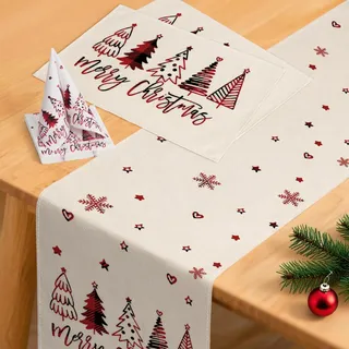 YCOLL Weihnachtsdeko Tisch Tischläufer Beige Winter Weihnachtsläufer Modern Wasserabweisend, mit Platzsets & Servietten Set für Drinnen Draußen Party Küche Esstisch Party Dekoration
