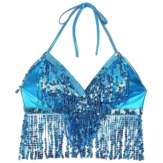 EOYVAIL Bikinioberteile für Damen,Pailletten-Neckholder-Top für den Bauchtanz, Pailletten-Top, Boho-Fransen-Top, rückenfreier BH (Türkis)