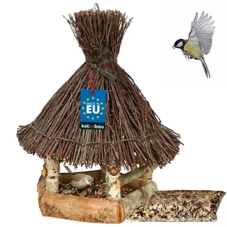KOTARBAU® Vogelhaus zum Aufhängen - ⌀ 29 cm - mit Weidendach - Vogelhäuschen aus Holz - Futterhaus für Vögel + Vogelfutter 0,5 kg - Natürlich - Holzdeko für Garten