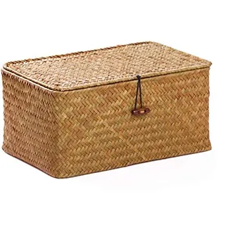 DOKOT Rattankorb Aufbewahrungskorb aus Seegras mit Deckel 26 x 14 x 11 cm