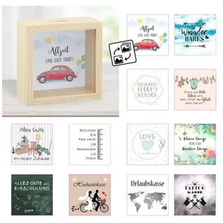 MC-Trend Spardose 12 IN 1 zwölf Einleger zum Wechseln DIY 14,5x14,5x6,5cm Holz/Glas für Urlaub Zuhause Tattoo Bares Geburtstag Geschenk Geld Hochzeit Baby Kind Einschulung Führerschein Sparschwein