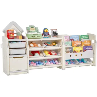 Vevor Spielzeugaufbewahrung Bücherregal Spielzeugregal HDPE, 4-stöckige multifunktionale Ablage mit 10 flexiblen Kunststoffbehältern, für Schlafzimmer Klassenzimmer Kinderzimmer (Grau + Beige)