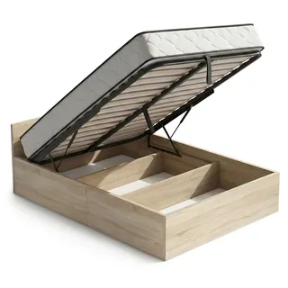 Bett mit Bettkasten 120x200 cm Metalllattenrost aufklappbar und Federkernmatratze Sonoma Eiche - Bronze