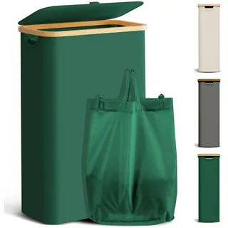 YOUDENOVA Wäschekorb mit Deckel 48L Wäschesammler schmal mit Wäschesack faltbarer Wäschesortierer Holz Bambus Wäschetruhe hoch Laundry Baskets, Grün