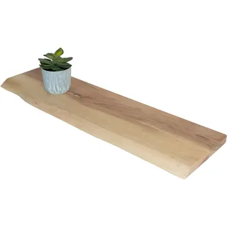 Wandregal Akazienholz natur massiv 90x20 cm Holzregal Steckboard Baumkante AMANDA - Hellbraun, Naturbelassen, Beige