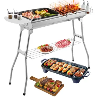 Teodute Grill BBQ Holzkohlegrill, mit Gewürzablage Seitenkörben und Ablagefach Unten, Tragbar Edelstahl Klappgrill für Outdoor Kochen Camping Wandern Picknicks (73x28x76cm)
