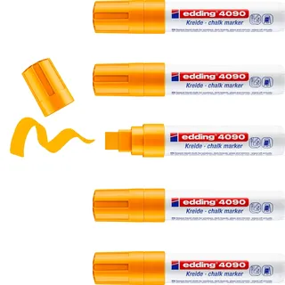 edding 4090 Kreidemarker - neon-orange - 5 Kreidestifte - Keilspitze 4-15 mm - breiter Kreidestift für Tafel abwischbar - zum Beschriften von Fenster, Glas, Spiegel - Tafelstift mit deckenden Farben