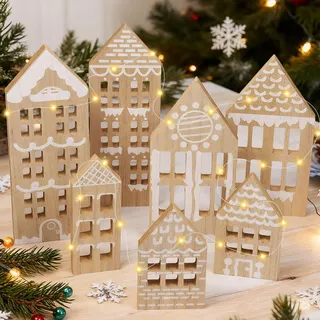 Weihnachtshäuser, 7 Stück Weihnachtsdeko Häuser, Tischdeko Weihnachten, Weihnachtsdeko Haus Holz mit LED Lichterkette, Deko Häuser Weihnachten, Weihnachtshaus Weihnachtsdeko Innen Holzhaus Winterdeko