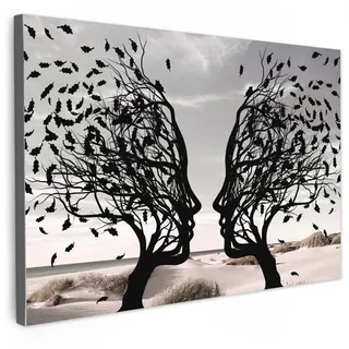 MuchoWow Leinwandbild Strand - Meer - Menschen - Baum - Moderne Kunst Wanddeko 90x60 cm , Hellgrau , Textil , Kiefer , Rechteckig , 90x60 cm , FSC 100% , gerahmt , Bilder & Rahmen, Bilder, Leinwandbilder