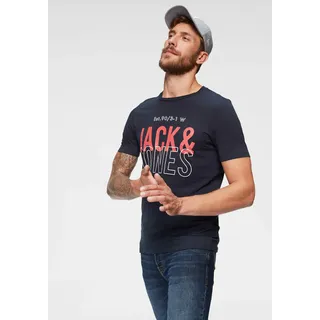 T-Shirt JACK & JONES "JCOKOMPO Kurzarm-Design mit Print und optimaler Passform", Herren, Gr. M, blau (marine), Single Jersey, Obermaterial: 100% Baumwolle, bedruckt, Basic schmal normal, Rundhals, Shirts T-Shirt, Print, modisch, regular fit, Baumwolle, Rundhals, Topseller