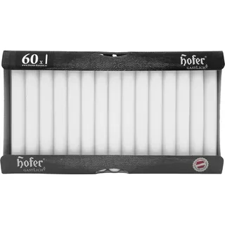 Hofer Lange Tafelkerzen, 60 Stück Set (1x60), dim. 21,5x180 mm, weiße Farbe, Lange Brenndauer ca. 5 Stunden, Set mit 60 Spitzkerzen aus tropffrei Wachs, Hergestellt in Österreich