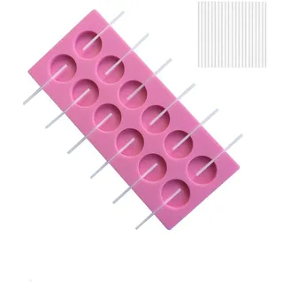 Silikon Lollipop Formen,12 Mulden Lutscher Formen mit 50 Lollipop Sticks,Lollipop Form Silikon Runde Cake Pop Silikonform für Lollipop,Harte Süßigkeiten,Schokolade,Kuchen -Pop,Eiswürfel -Trottel